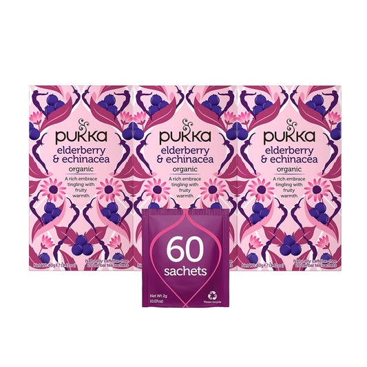 Pukka Organic Tea Bags, Elderberry & Echinacea Herbal Tea, Perfect for Wellness Support, 20 Count (Pack of 3) 60 Tea Bags