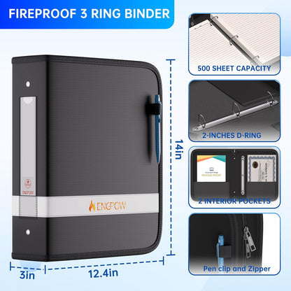 ENGPOW 3 Ring Binder,Fireproof 3 Inch D Ring Binder with Zipper,Holds 750 Sheets,Non-Stick,PVC-Free,Compatible with Clear Sheet Protectors,Portable School Office Home Safe Storage for Paper,Black