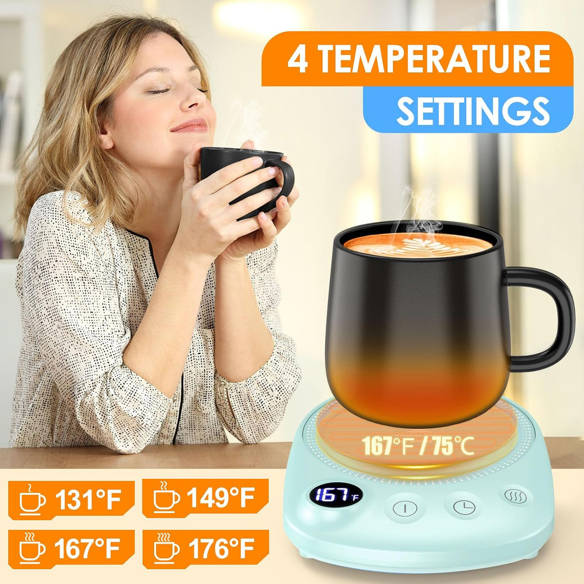 Coffee Mug Warmer - Fastest Heating & Highest Temperature, Coffee Cup Warmer for Desk Auto Shut Off, 4 Temp Settings & 1-12H Timer, Smart Electric Beverage Warmer for Coffee, Tea (Blue)