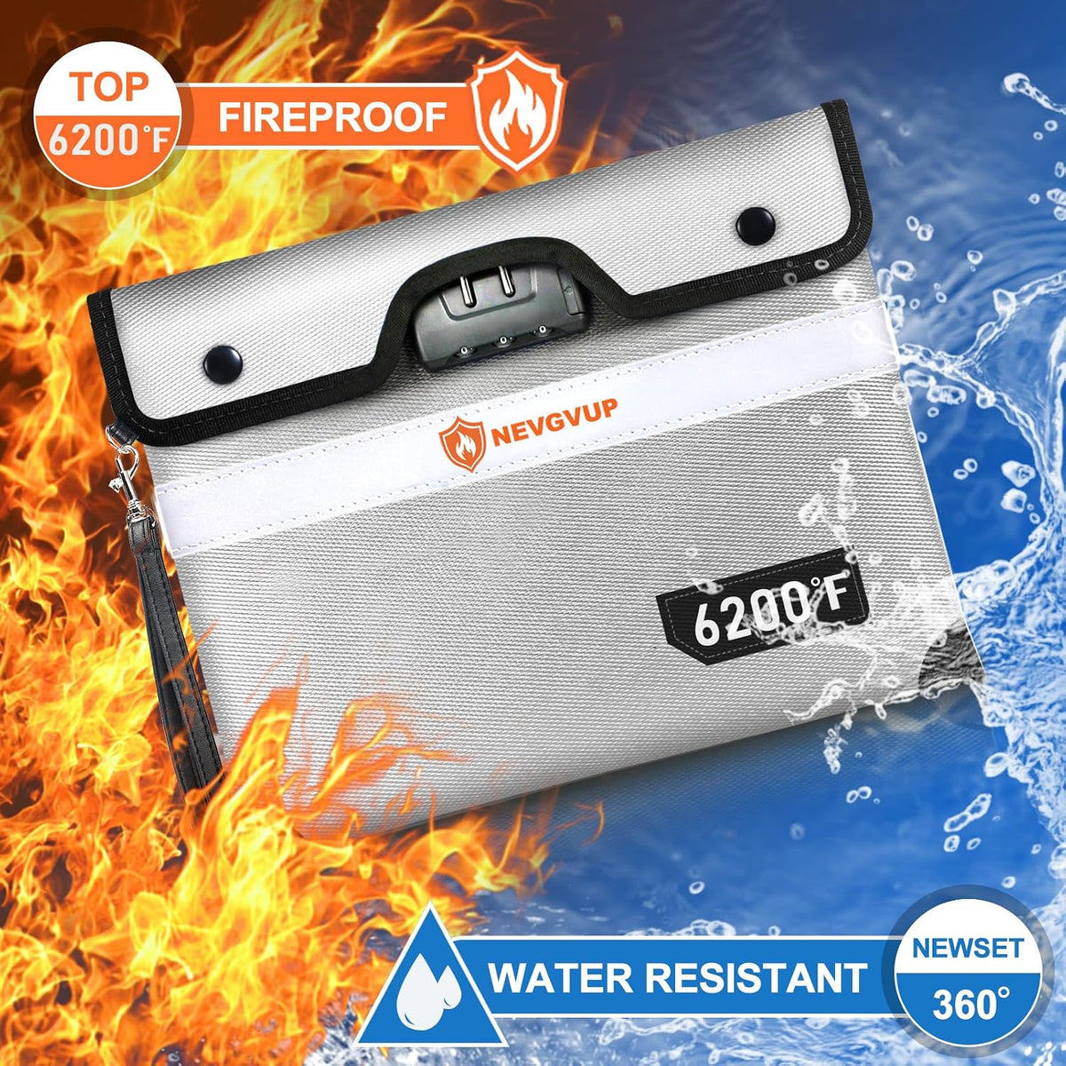 Upgraded 6200°F Fireproof Document Bag with Lock, Fire proof Money Bag for Cash with Zipper/Reflective Strip, 9 Layer of Heat Insulated Material, Water Resistant Fireproof Bags for Documents,Safe Bags