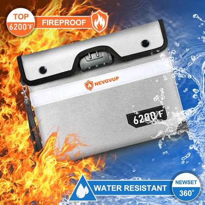 Upgraded 6200°F Fireproof Document Bag with Lock, Fire proof Money Bag for Cash with Zipper/Reflective Strip, 9 Layer of Heat Insulated Material, Water Resistant Fireproof Bags for Documents,Safe Bags