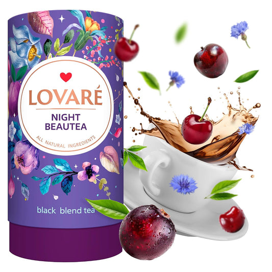 LOVARE Night Beautea Loose Leaf Tea 80 g - Made in Ukraine - Ceylon Black Tea, Cherry Berries, Cornflower Petals, Royal Pomegranate Plum Aroma - Tea Lovers Gift Box with 15 Paper Filters (Night Beautea)