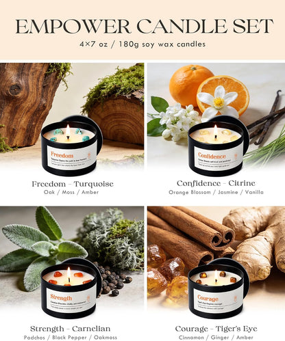 AOOVOO Crystal Energy Candles Set for Women - 4 Pack 26 oz Soy Wax Candles for Home Scented, 200 Hour Long Lasting Candle, Laughter Red Crystal/Love Rose Quartz/Joy Citrine/Passion Red Quartz