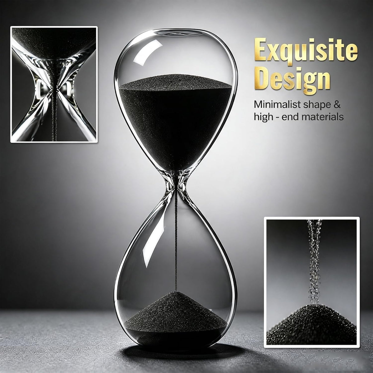 Hourglass, HoveBeaty Black Sand Timer, 15 Minute Hand-Blown Glass