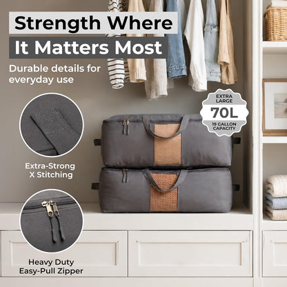 Soft Canvas Storage Bags with Zipper. Thick Breathable, 2pc King/Queen Comforter Organizer. Four Carrying Handles and Window. Large 25x19x9in Bag for Sheets Blankets Bedding Pillows, Clothes