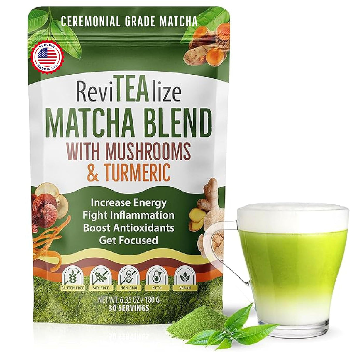 ReviTEAlize Mushroom Matcha Powder, Ceremonial Grade Matcha Powder 30 Svgs