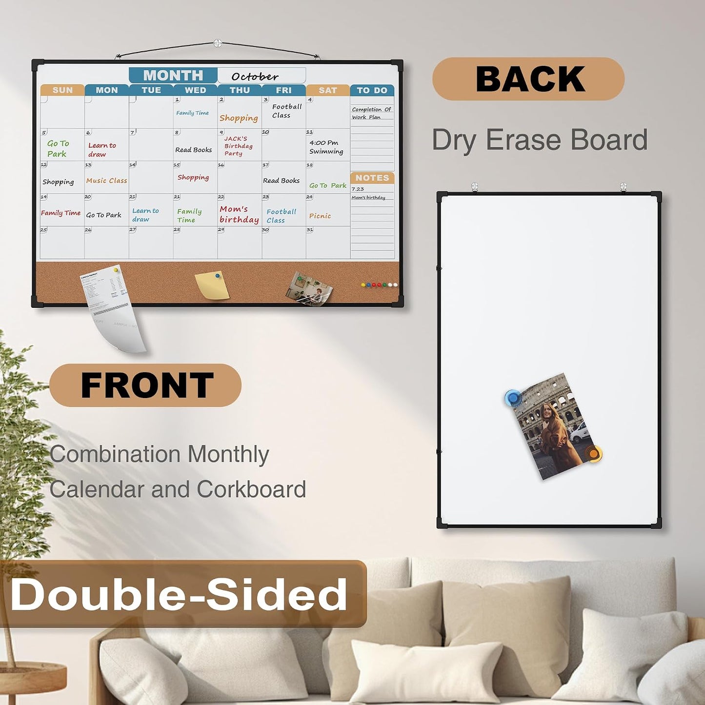 Monthly Calendar Dry Erase Board 16x12 Inch, Double-Sided Whiteboard and Corkboard Combo, Wall Mounted Planner Organizer with Markers, Magnets, Push Pins, Eraser, for Home Office School
