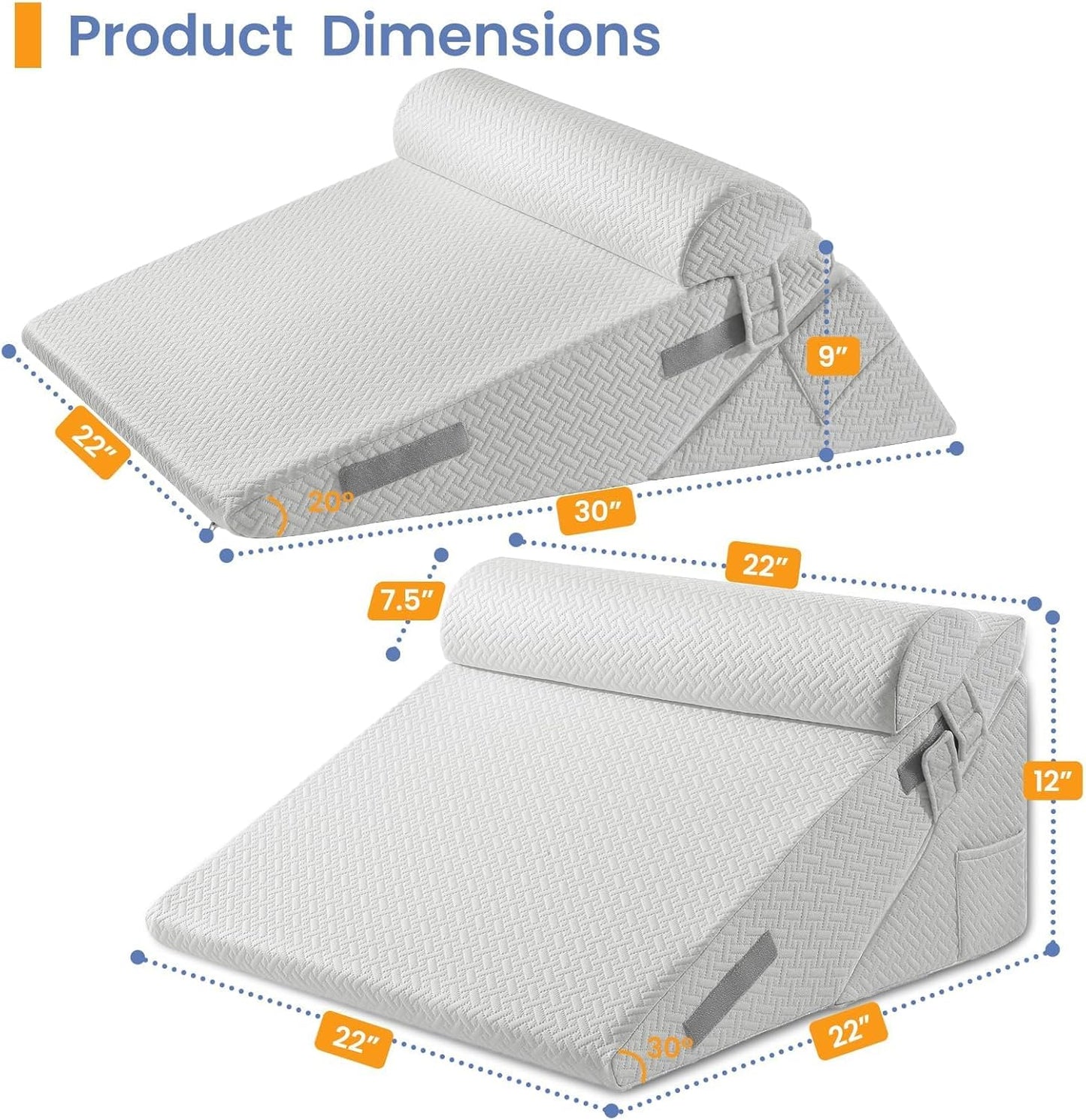 Sasttie Wedge Pillow Set for After Surgery, 2PCS Adjustable Bed Wedge Pillow Headboard with Memory Foam Neck Cushion – for Acid Reflux, Sleeping, Neck & Back Support, Dark Grey & White
