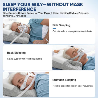 CPAP Pillow for Side, Back & Stomach Sleepers, Adjustable Cervical Memory Foam Neck Pillow with Cooling Cover & Mask Cutouts, Ergonomic CPAP Bed Pillow to Reduce Air Leaks & Mask Pressure