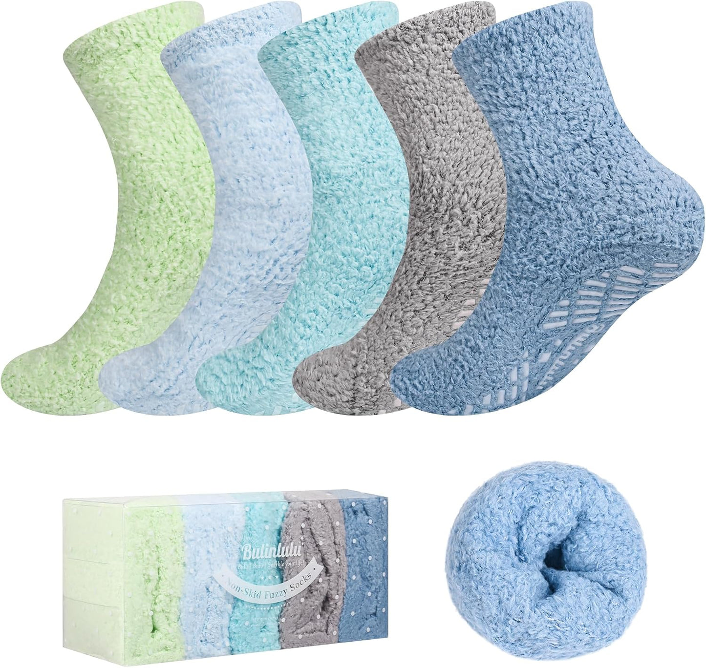 Bulinlulu Fuzzy Socks With Grips for Women, 5 Pairs Non Slip Sleep Warm Fluffy Slipper Socks Gifts for Women