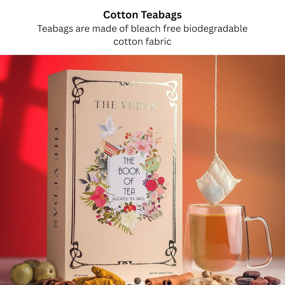 The Vedas Book Of Tea | Assorted Tea Bags Gift Box | 12 Exotic Herbal Tea Blends In Handcrafted Cotton Tea Bags & Pyramid Teabags | 4 Units of Each Variety, Net 48 | Tea Gift Hamper | Tea sampler gift set box | Tea collection | Tea sets for women gift |