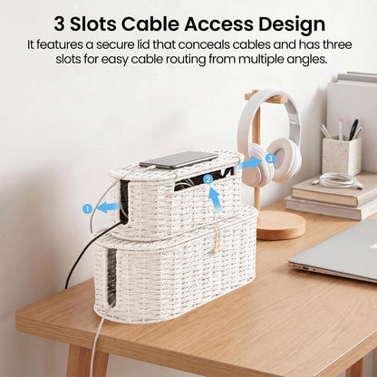 Set of 2 Cable Management Box, Handwoven Cord Hider Box with 3 Open Slots
