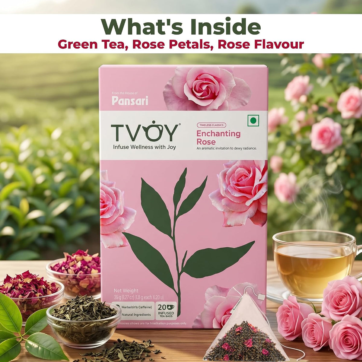 Tvoy Rose Green Tea Bags, 40 Pyramid Tea Bags, Individually Wrapped Bags