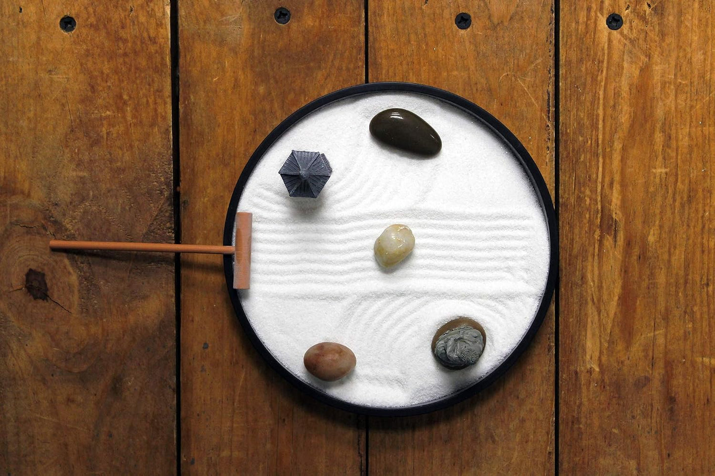 Nature's Mark Mini Zen Garden Kit for Desk with Rake, White Sand, Lotus Figure, 3 Sections Black Square Base, River Rocks and Black Rocks (9Lx9W C)