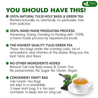 FreshDrinkUS, Premium 135 Tulsi Green Tea Bags, 100% Natural, Blend of Tulsi Holy Basil Leaves, and Green Tea Leaves. Made with Natural Material Tea Bags. No Sugar, Vegan.