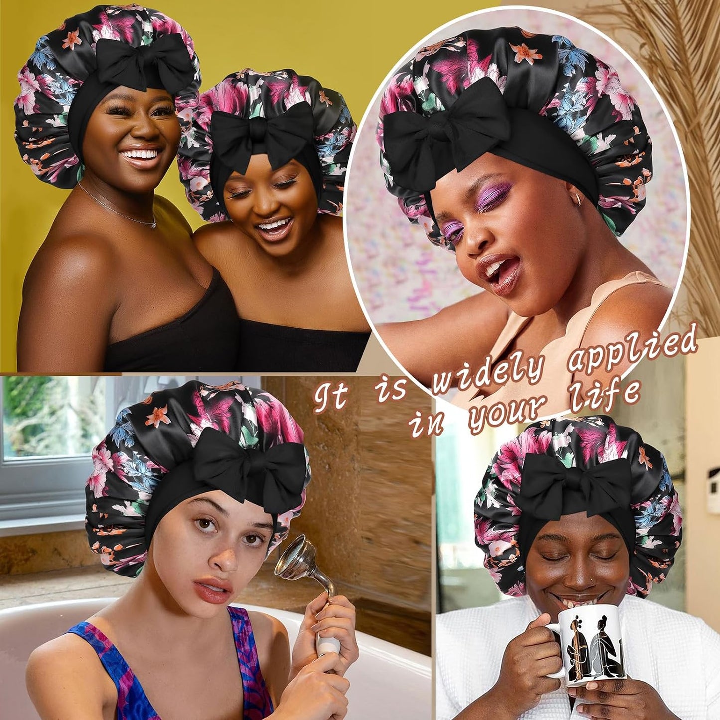Satin Bonnet for Sleeping Cap Double Layer Hair Bonnet with Elastic Tie Band for Curly Hair Night Cap (Bean Paste + Pink)