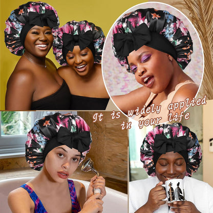 Satin Bonnet for Sleeping Cap Double Layer Hair Bonnet with Elastic Tie Band for Curly Hair Night Cap (Bean Paste + Pink)