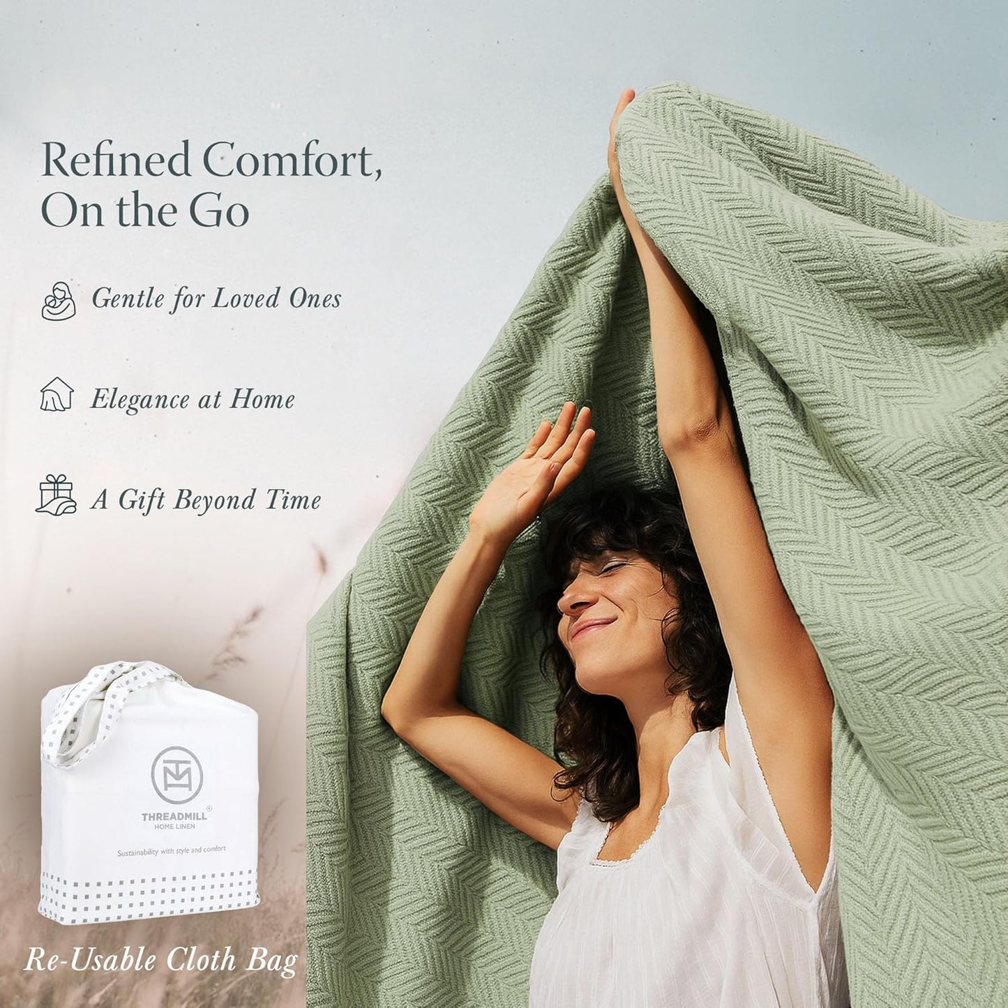 Threadmill Travel Blanket Cotton Viscose from Bamboo - Airplane Premium Soft Flight Grey Throw Blanket in Cloth Bag (Grey Color) Compact & Portable Blanket for Travel, Car, Picnic & Camping