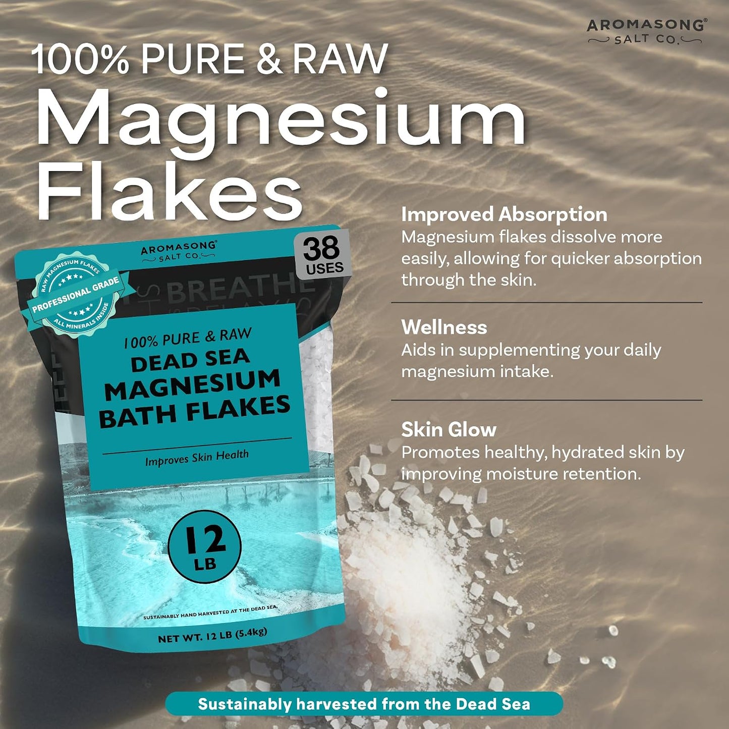 Aromasong RAW Magnesium Bath Flakes with 100% Natural Lavender, 3 LB Muscle Relaxing Organic Salts Mg Chloride, Mineral Soak. (Packaging May Vary)