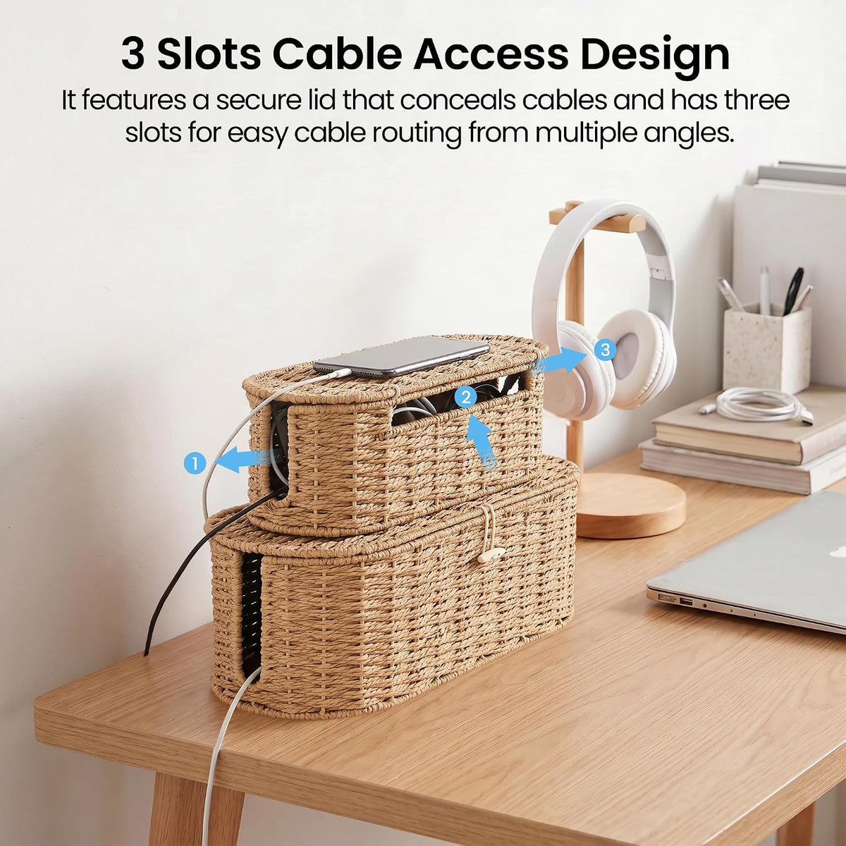Set of 2 Cable Management Box, Handwoven Cord Hider Box with 3 Open Slots