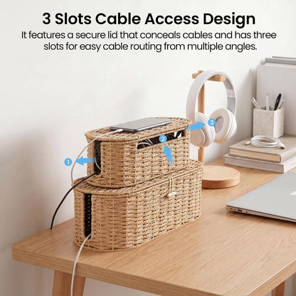 Set of 2 Cable Management Box, Handwoven Cord Hider Box with 3 Open Slots