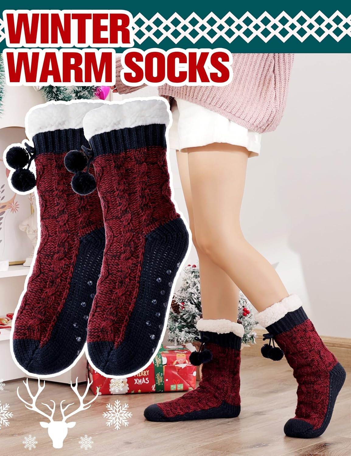 Welwoos Womens Slipper Fuzzy Grips Socks Fluffy Winter Warm Thick Thermal Cozy Plush Non Slip Cabin Soft Fleece Socks