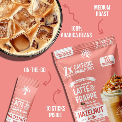 The Frozen Bean Vanilla Bean Frappe & Latte Instant Mix (10 Sticks), Made with Arabica Coffee, Double Shot Caffeine, Low Sugar & Premium Ingredients, Hot, Iced, or Blended Drinks