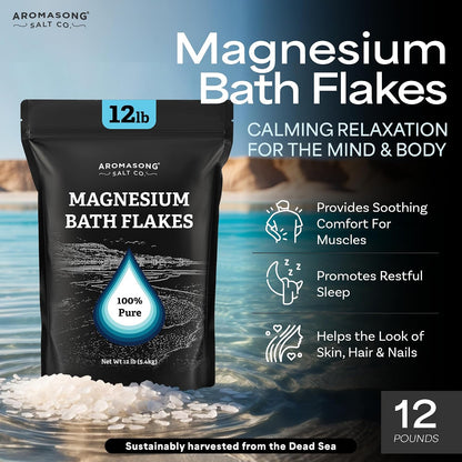 Aromasong Magnesium Flakes from The Dead Sea, 12 LB Resealable Black Bag - Muscle Relaxing Magnesium Chloride Bath Salts Soak for Headaches, Stress & Leg Discomfort