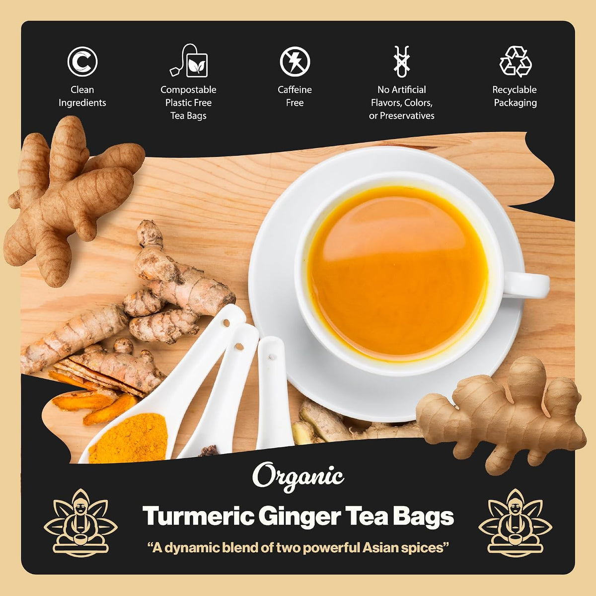 Buddha Teas Organic Turmeric Ginger Tea - Herbal Tea, Caffeine Free
