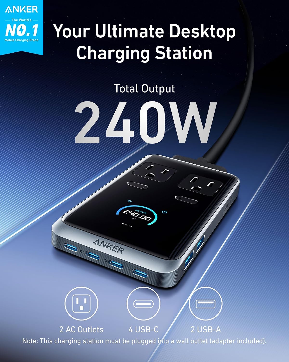 Anker Prime Charging Station, 240W 8-in-1 Power Strip, 2 AC, 4 USB C