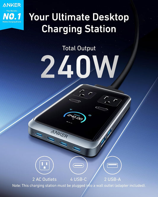 Anker Prime Charging Station, 240W 8-in-1 Power Strip, 2 AC, 4 USB C