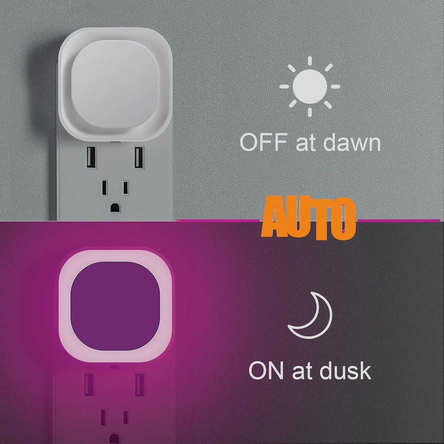 YUNLEX 2 Pack Amber Night Light, Dusk to Dawn Sensor, Warm Glare-Free Reflected Glow, 3-Level Dimmer, Auto On/Off, Plug-in LED Nightlight for Bedroom, Kids, Bathroom, Sleep, Baby Nursery, Toddler