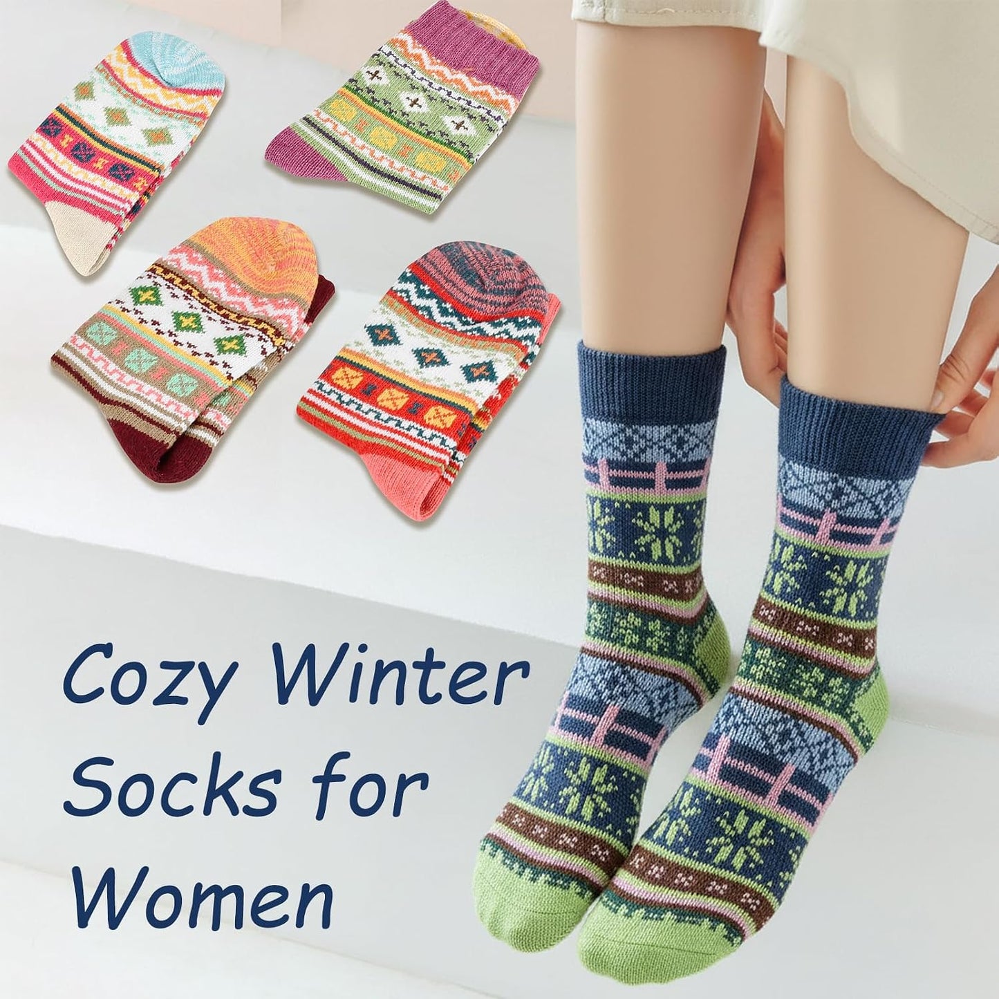 YANGYANG 5 Pairs Winter Warm Thick Crew Knit Socks for Women, Christmas Gifts, Stocking Stuffers