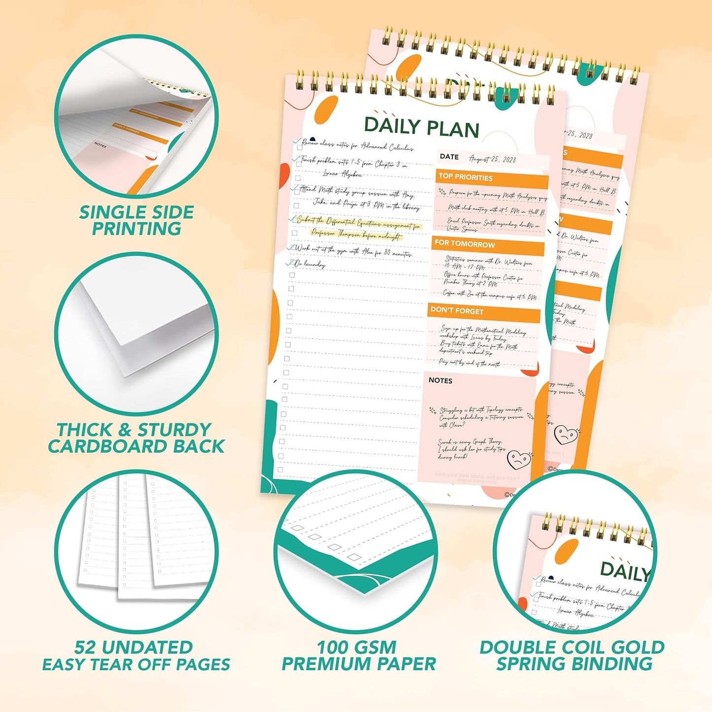 Decorably 52 Sheets Boho Undated Daily to Do List Notepad, 6.5x10in Spring-Bound Planner Pad, Easy Tear-Off Design, with Priorities, Checklist, Agenda, Reminders, Notes - Home, School, Office