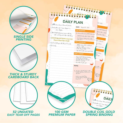 Decorably 52 Sheets Boho Undated Daily to Do List Notepad, 6.5x10in Spring-Bound Planner Pad, Easy Tear-Off Design, with Priorities, Checklist, Agenda, Reminders, Notes - Home, School, Office