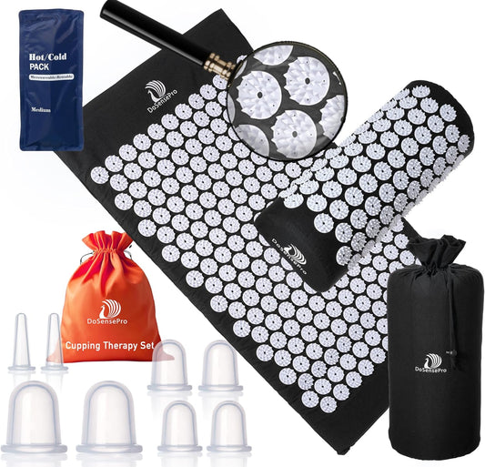 Wellness Bundle: Acupressure Mat & Pillow Set with Hot/Cold Gel Pack + Silicone Cupping Therapy Set for Face and Body - Natural Pain Relief & Relaxation Kit