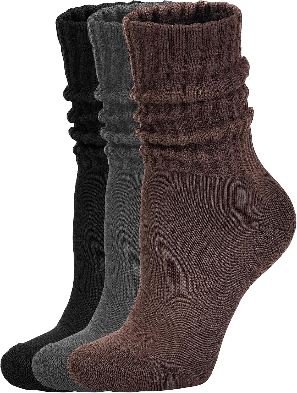 AugRing Women's Scrunch Crew Socks Retro 3-Pack Solid Cotton Boot Calf Chunky Ribbed Cozy Slouchy Socks Size 5-11