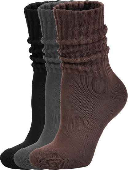 AugRing Women's Scrunch Crew Socks Retro 3-Pack Solid Cotton Boot Calf Chunky Ribbed Cozy Slouchy Socks Size 5-11