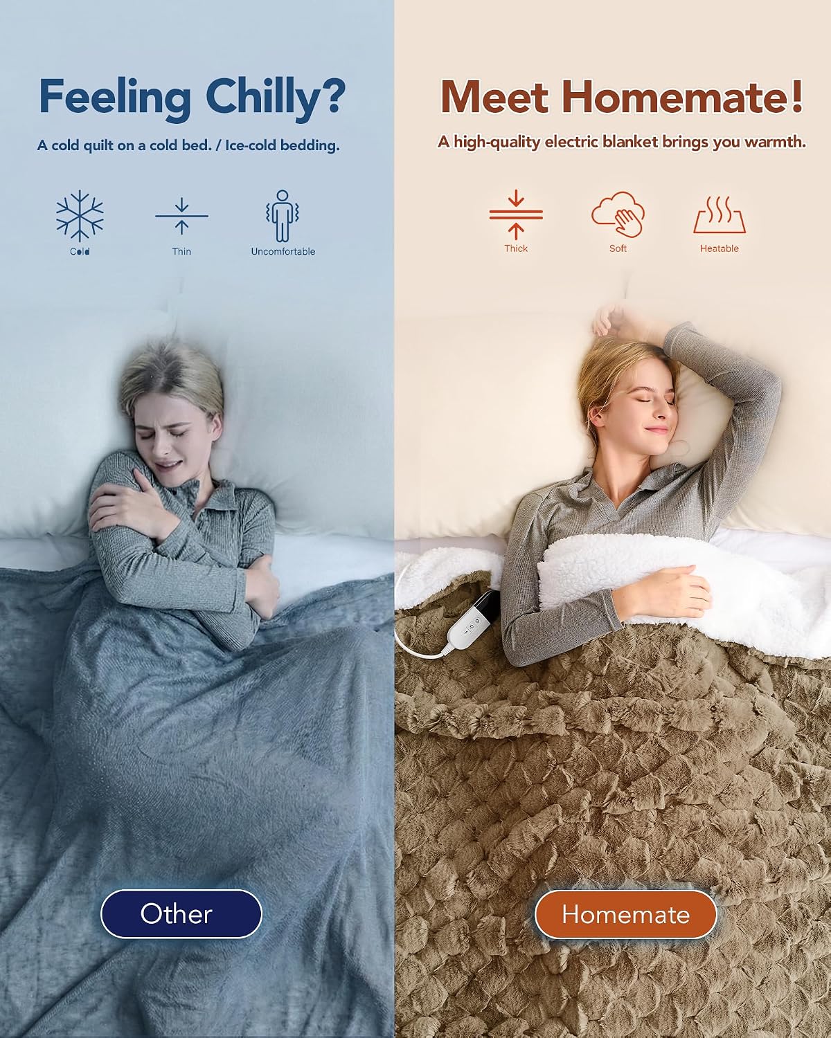 Homemate Electric Heated Blanket Twin - 62"x84" Heating Bed Blankets Throw with 10 Heating Levels 8 Hours Auto Off Fast Heating Over-Heated Protection Ultra Soft Warm Flannel ETL Certified Grey - Colors B