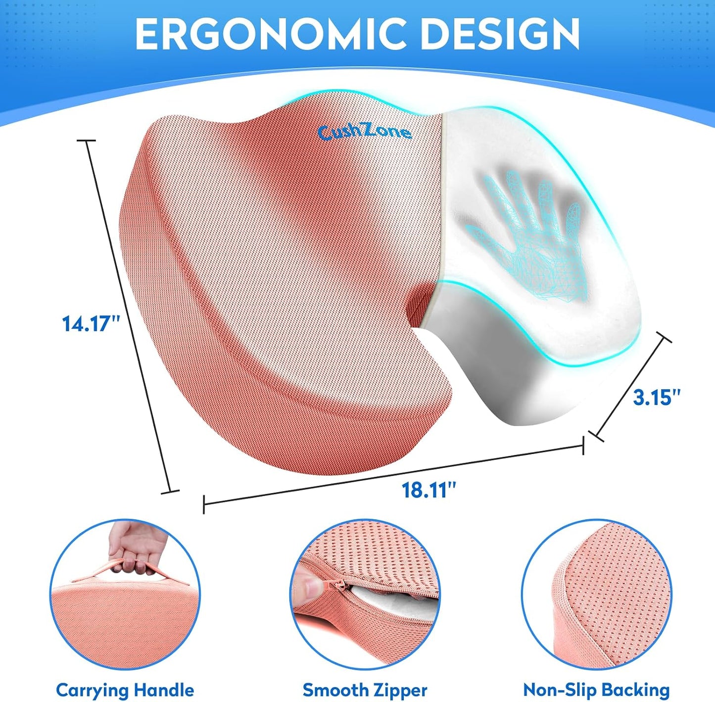 CushZone Seat Cushion - Memory Foam Office Chair Cushion for Sciatica, Tailbone & Back Pain Relief - Orthopedic Coccyx Pillow for Car, Airplane, Pregnancy & Long Sitting at Work, Black