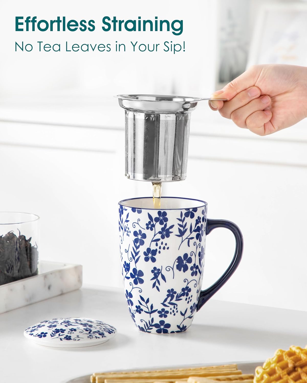 vancasso SELENE Porcelain Tea Mug, 18 oz Porcelain Tea Cup with Infuser and Lid Steeps Loose Leaf Tea, Microwave & Dishwasher Safe, Blossom Cluster