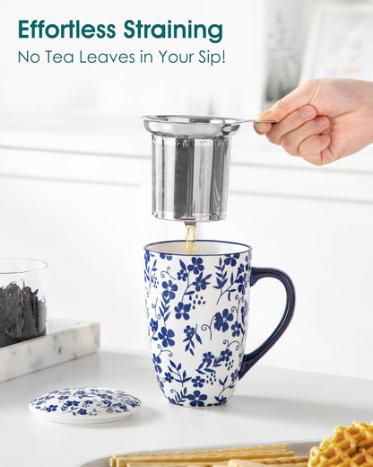 vancasso SELENE Porcelain Tea Mug, 18 oz Porcelain Tea Cup with Infuser and Lid Steeps Loose Leaf Tea, Microwave & Dishwasher Safe, Blossom Cluster