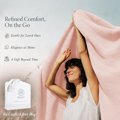 Threadmill Travel Blanket Cotton Viscose from Bamboo - Airplane Premium Soft Flight Grey Throw Blanket in Cloth Bag (Grey Color) Compact & Portable Blanket for Travel, Car, Picnic & Camping