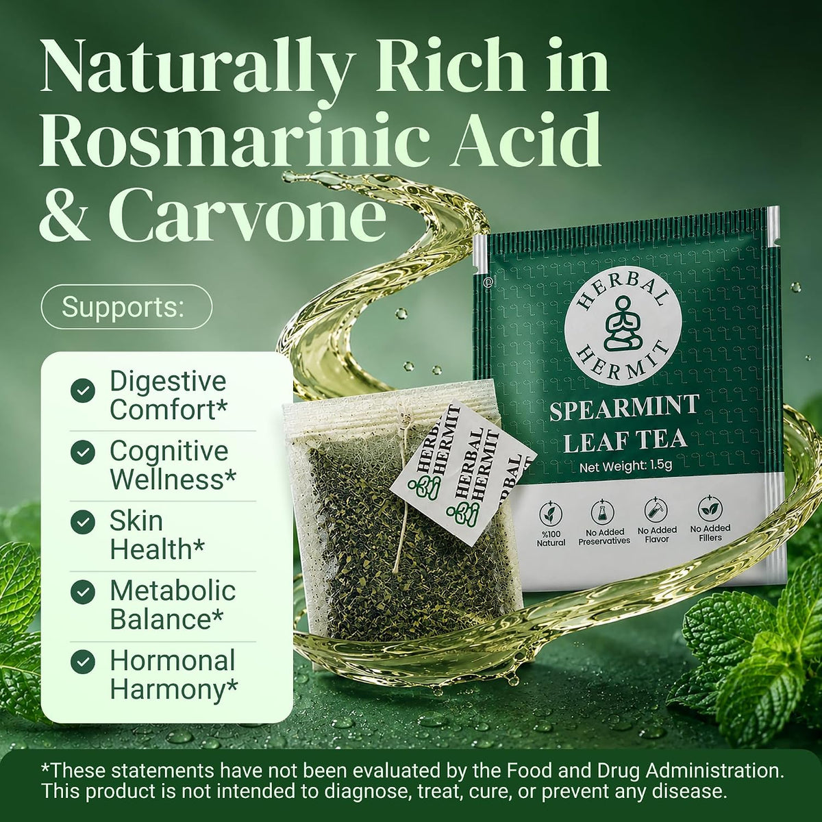 Spearmint Tea Bags - 50 Tea Bags - Pure Spearmint Leaves - Caffeine Free Herbal Tea - Natural Digestive Support & Breath Freshener - Non-GMO