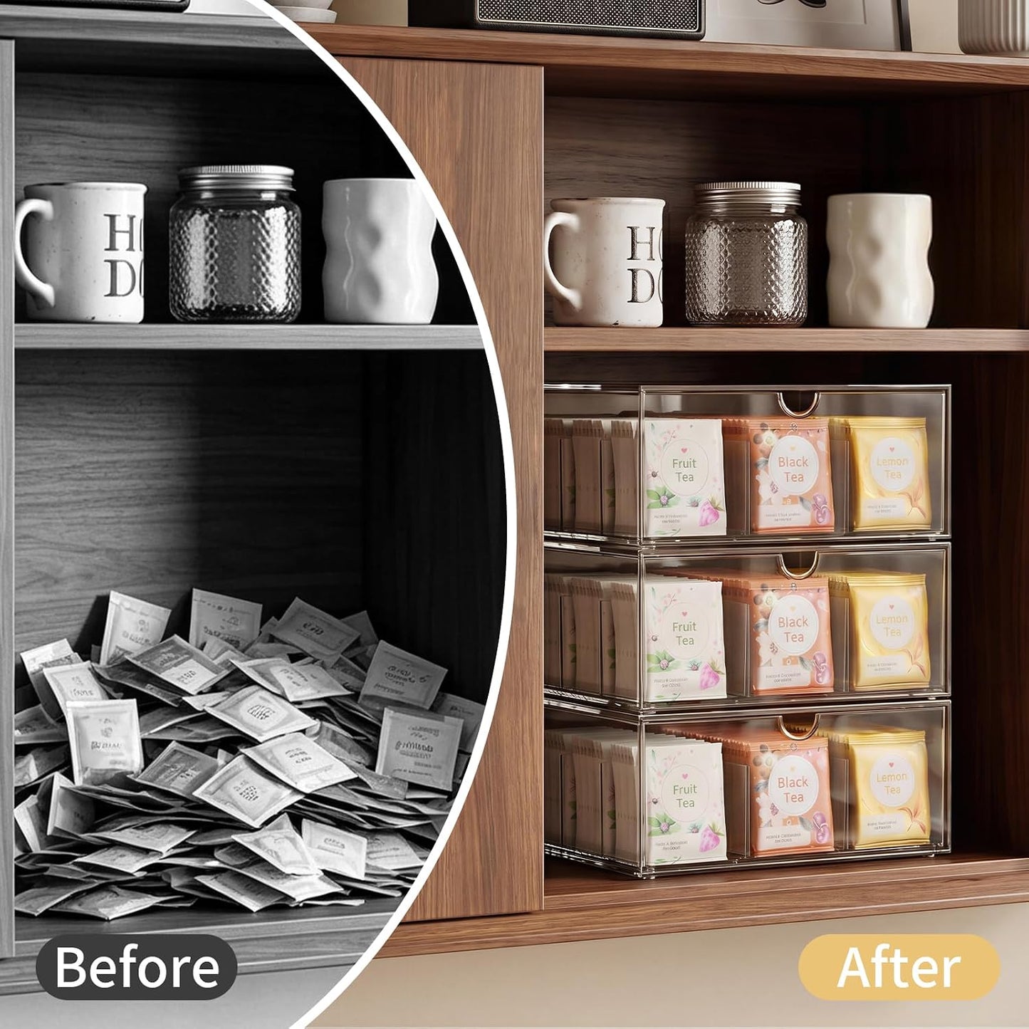 2 Pack Clear Tea Bag Organizer, Stackable Drawer Organizer with Dividers for Pantry Bathroom Vanity Kitchen - Cabinet Countertop Shelf Plastic Storage Bins for Coffee/Makeup/Cosmetic/Crafts/Jewelry