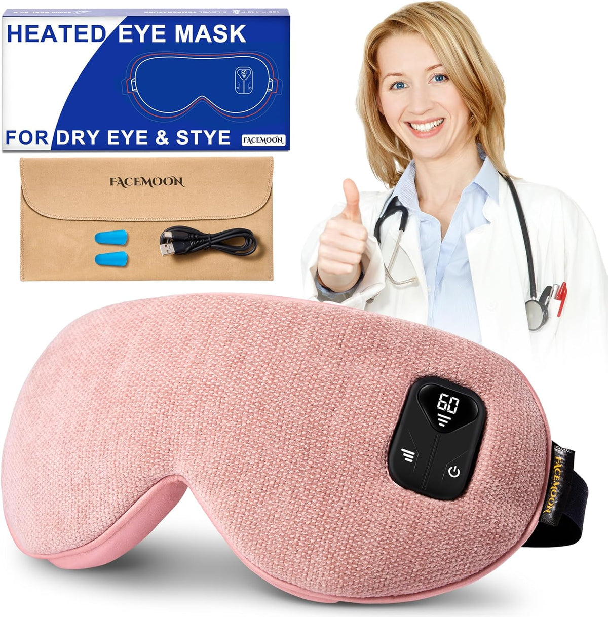 Cordless Heated Eye Mask for Dry, Tired Eyes, Hot Compress with Flaxseed Nose Bridge for Better Blackout & Focused Warmth, Rechargeable Warm 3 Heat Levels, 4 Timers, No Microwave Needed, Pink