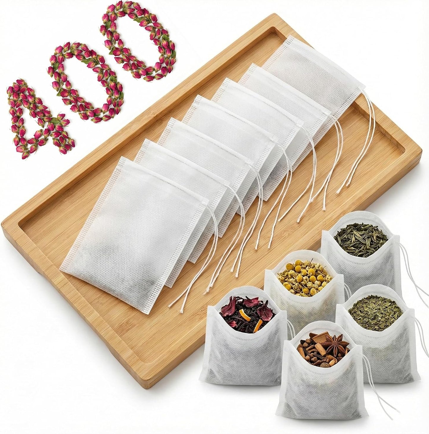 400Pcs 3.54"x2.75" Disposable Tea Bags with Drawstring, Empty Filter Sachets for Loose Leaf Tea, Coffee, Herbs, Spice and DIY Fillable