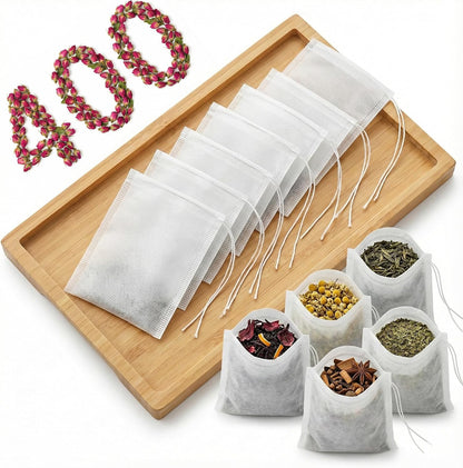 400Pcs 3.54"x2.75" Disposable Tea Bags with Drawstring, Empty Filter Sachets for Loose Leaf Tea, Coffee, Herbs, Spice and DIY Fillable
