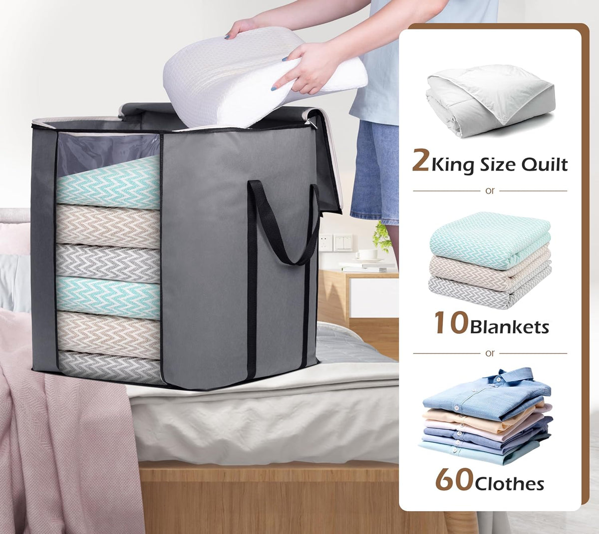 SLEEPING LAMB 120L Extra Large Blanket Storage Bags Breathable Clothes Storage Containers for King Comforter Bedding Pillow Sheet, Reinforced Handles, Grey