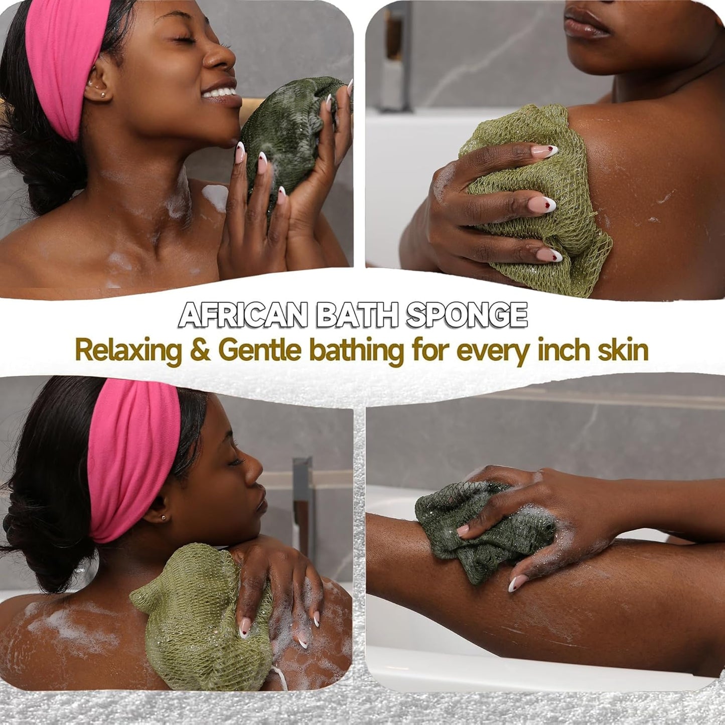 SubSahara Authentic African Net Sponge - 2 Pack Exfoliating Bath & Shower Loofah Sponge for Body & Face, Gentle Scrubber for All Skin Types, Travel, Durable Polyester (Olive Green & Light Green)